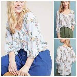 Anthropologie Maeve Boswell Blue Top Romantic Floral Prairie Blouse Womens 14